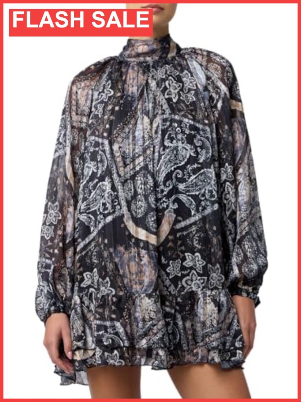 Casey Mock Neck Mini Shift Dress Flowy Long Sleeve Chiffon